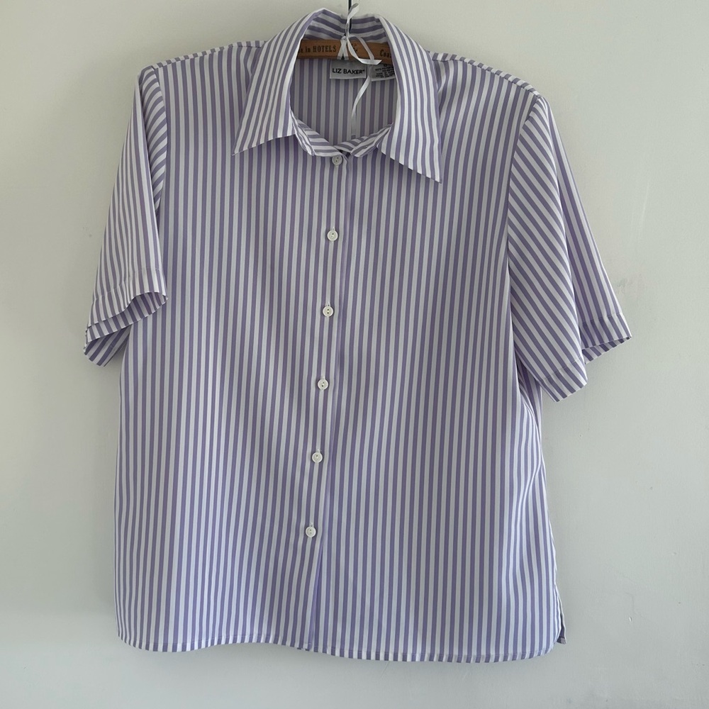 Vintage Liz Baker White Purple Striped Button Down Shirt Blouse Size 10